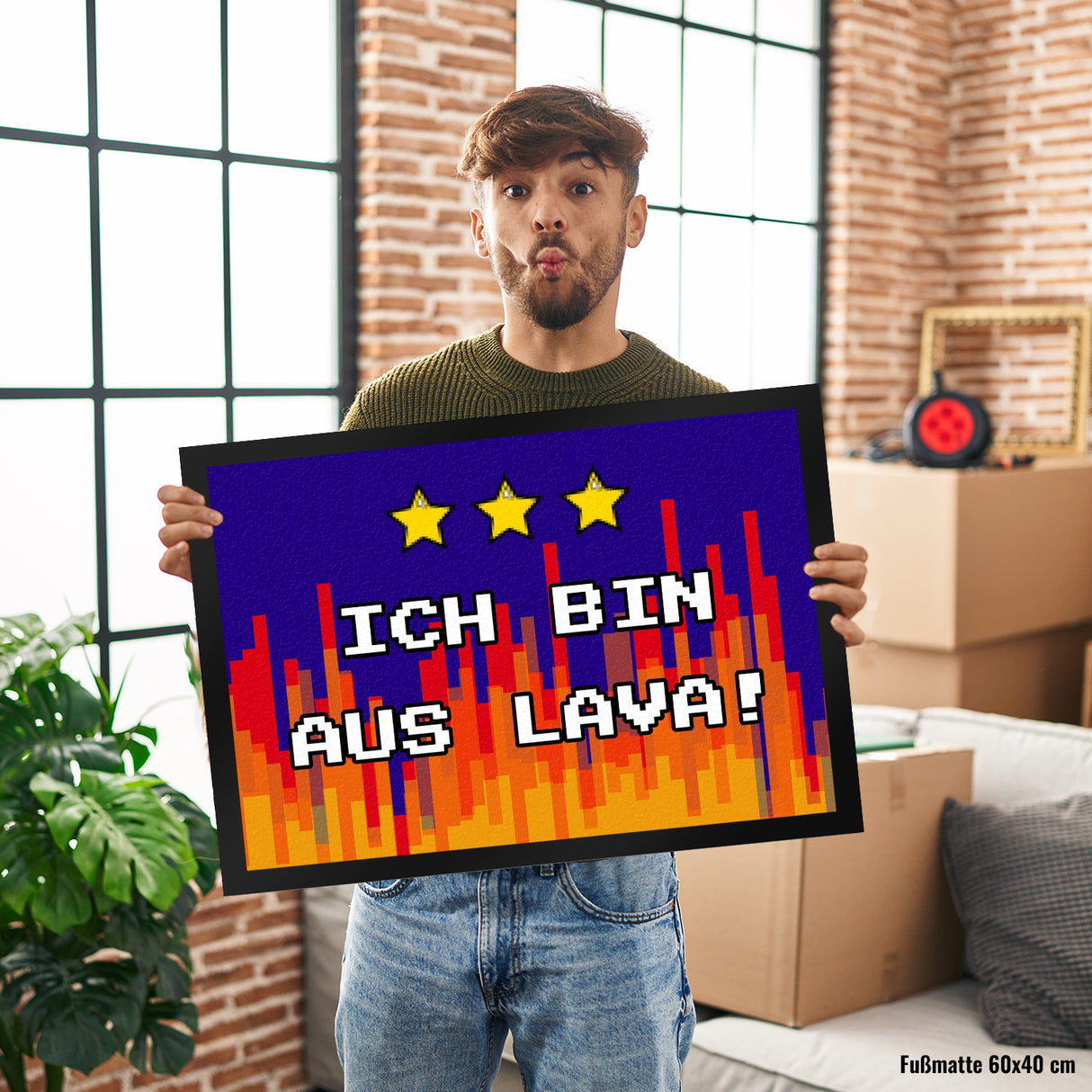 Fußmatte in 35x50 cm mit Pixelmotiv und Spruch: Ich bin aus Lava! Boden Feuer