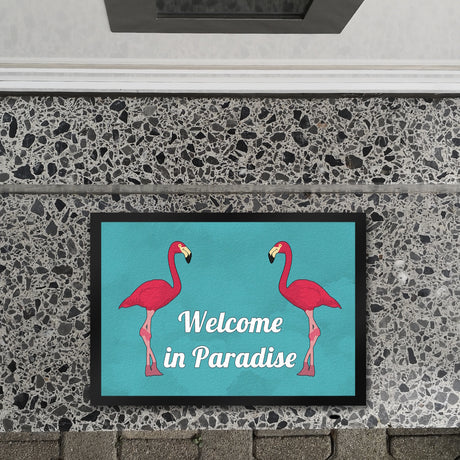 Fußmatte in 35x50 cm mit Flamingomotiv und Spruch: Welcome in Paradise