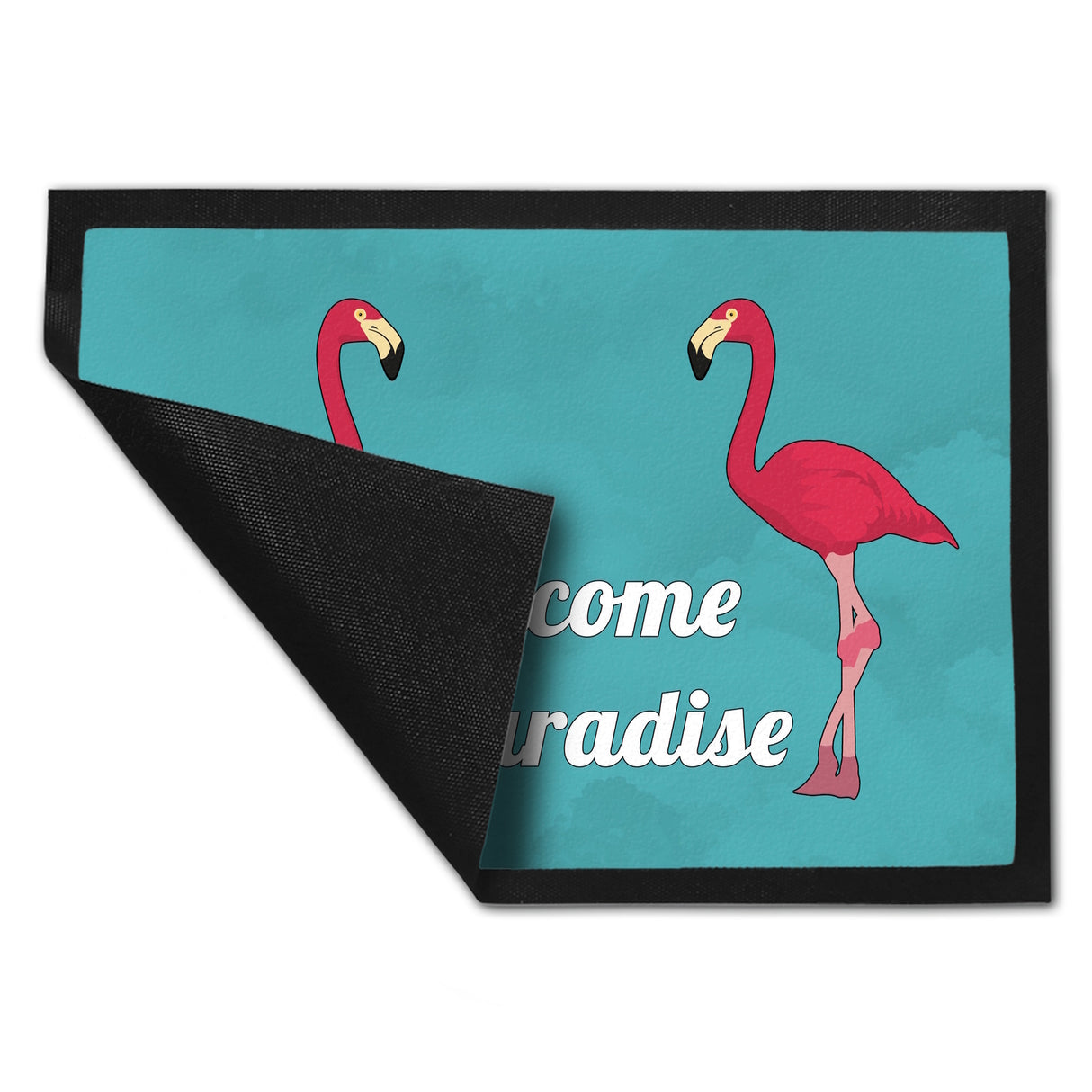 Fußmatte in 35x50 cm mit Flamingomotiv und Spruch: Welcome in Paradise