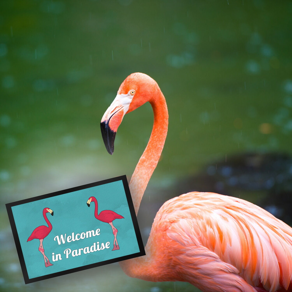 Fußmatte in 35x50 cm mit Flamingomotiv und Spruch: Welcome in Paradise