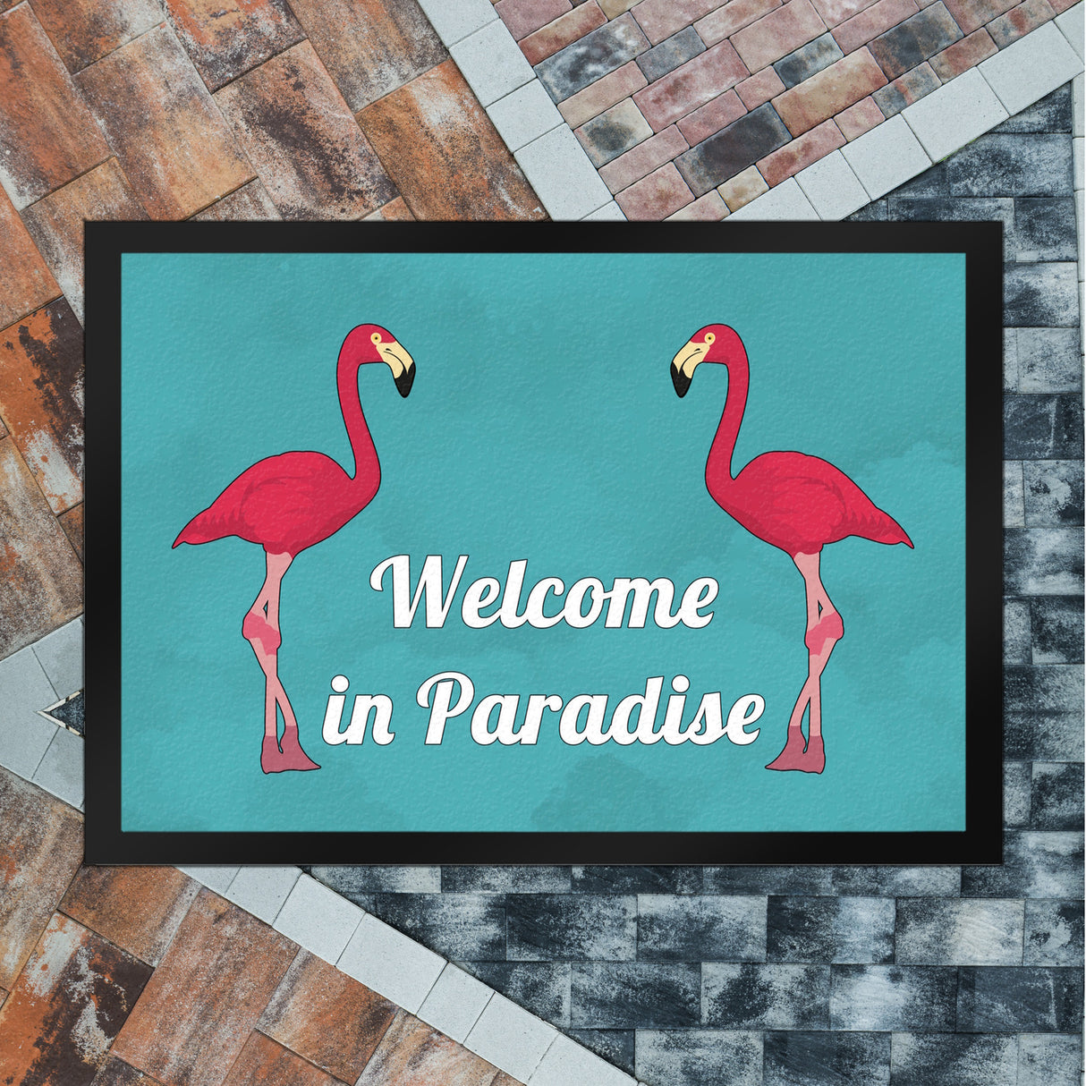 Fußmatte in 35x50 cm mit Flamingomotiv und Spruch: Welcome in Paradise