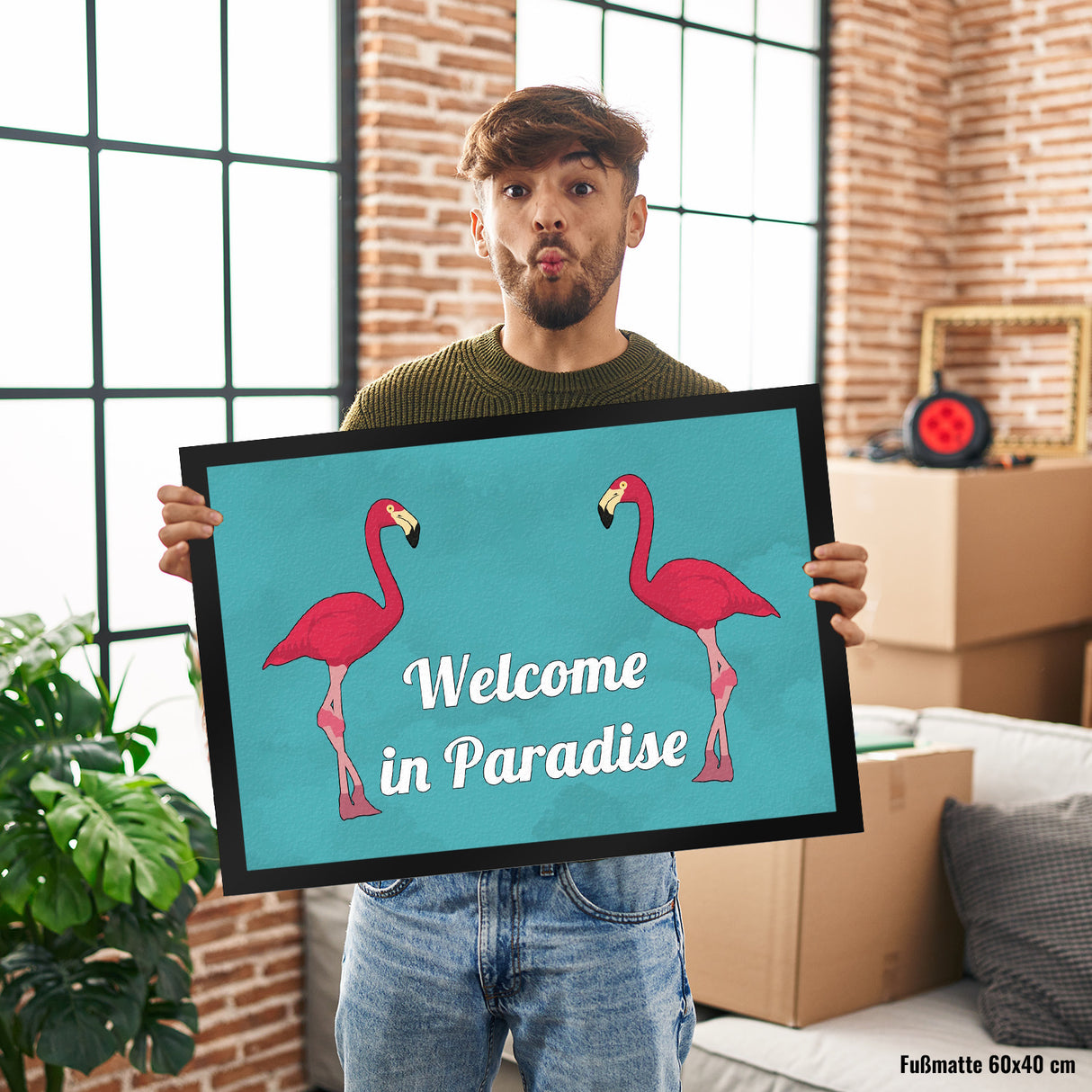 Fußmatte in 35x50 cm mit Flamingomotiv und Spruch: Welcome in Paradise