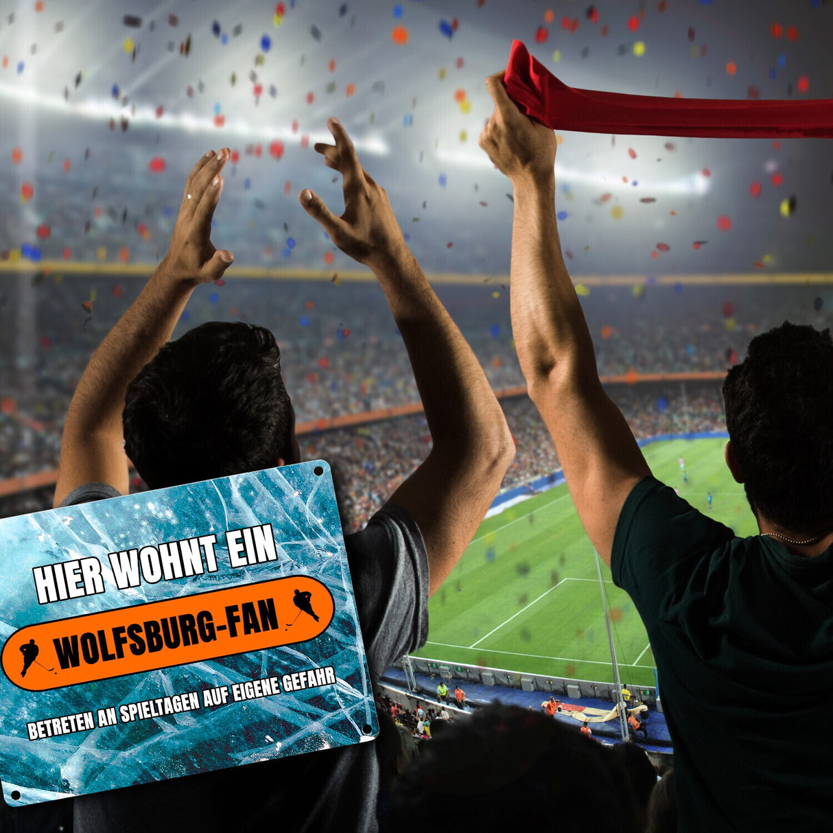 Hier wohnt ein Wolfsburg-Fan Metallschild in 15x20 cm mit Eishallen Boden-Motiv