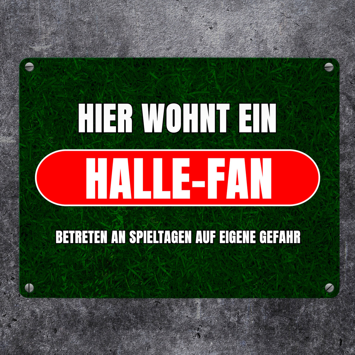 Hier wohnt ein Halle-Fan Metallschild in 15x20 cm mit Rasenmotiv