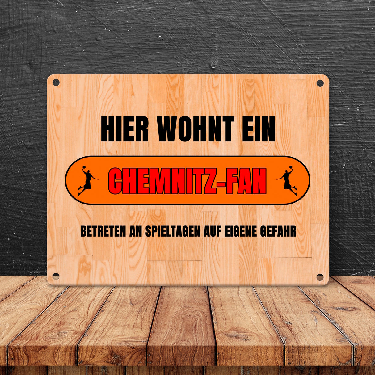 Hier wohnt ein Chemnitz-Fan Metallschild in 15x20 cm mit Turnhallenboden Motiv