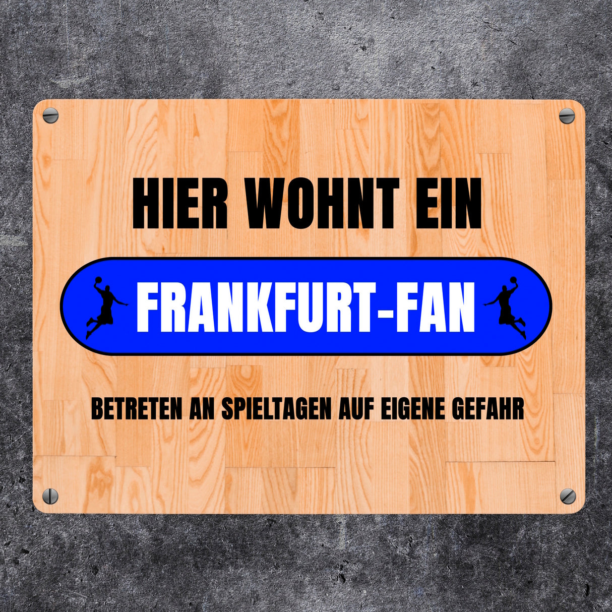 Hier wohnt ein Frankfurt-Fan Metallschild in 15x20 cm mit Turnhallenboden Motiv