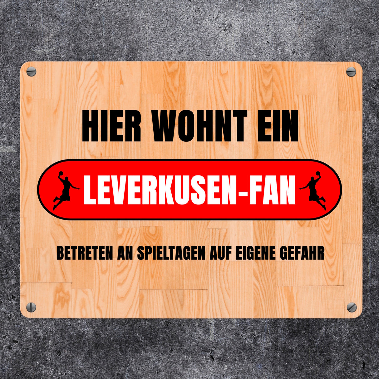 Hier wohnt ein Leverkusen-Fan Metallschild in 15x20 cm mit Turnhallenboden Motiv