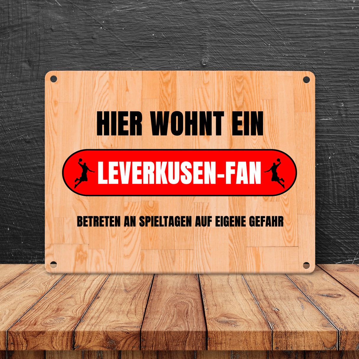 Hier wohnt ein Leverkusen-Fan Metallschild in 15x20 cm mit Turnhallenboden Motiv