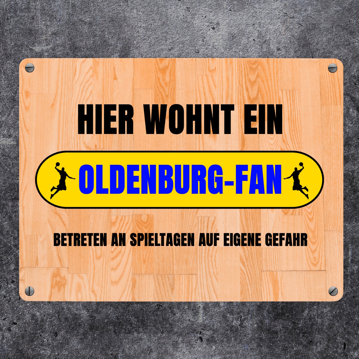 Hier wohnt ein Oldenburg-Fan Metallschild in 15x20 cm mit Turnhallenboden Motiv