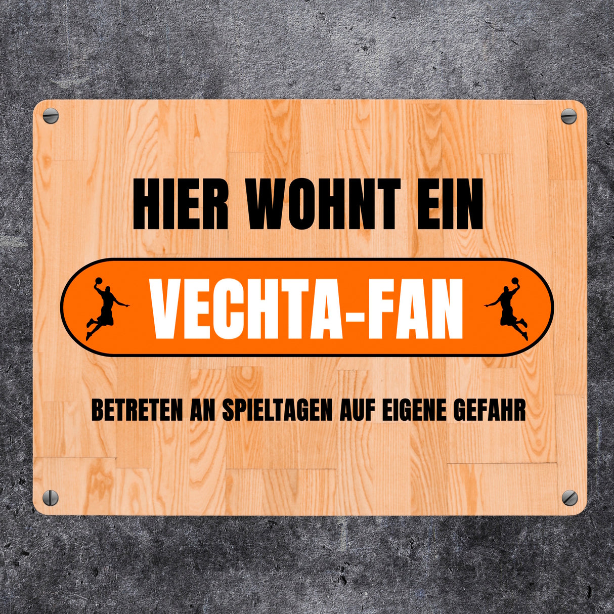 Hier wohnt ein Vechta-Fan Metallschild in 15x20 cm mit Turnhallenboden Motiv