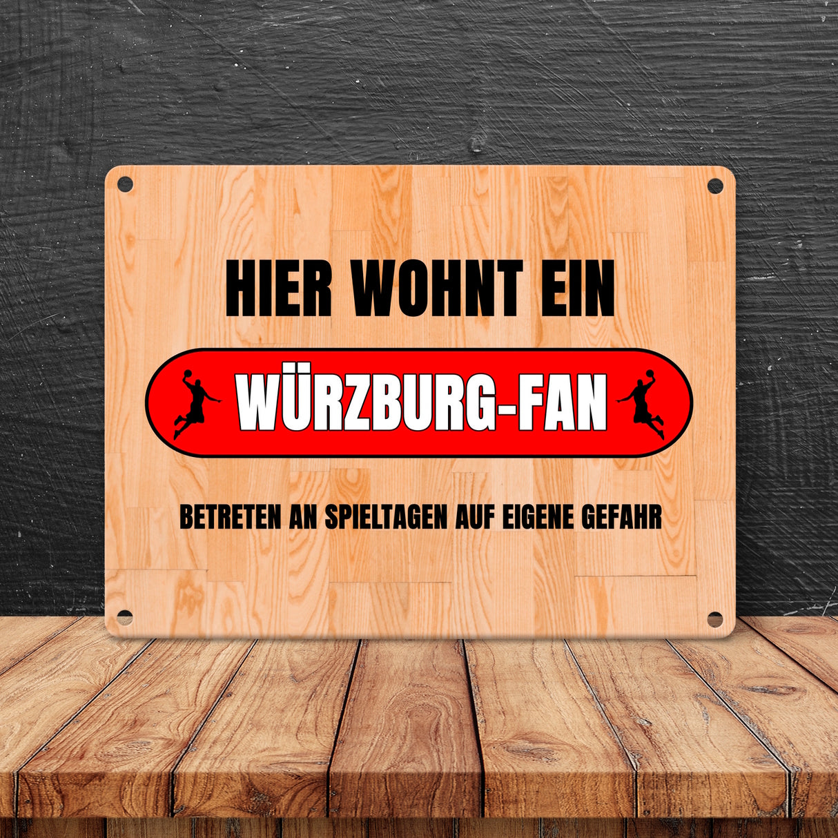 Hier wohnt ein Würzburg-Fan Metallschild in 15x20 cm mit Turnhallenboden Motiv