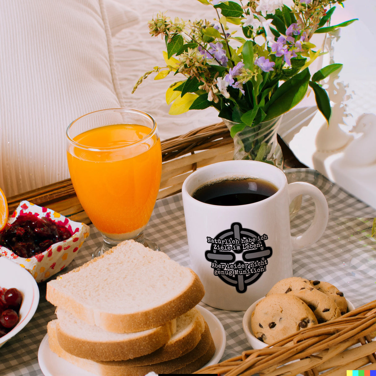 Kaffeebecher mit Spruch: Ziele im Leben, nicht genug Munition! Fadenkreuz