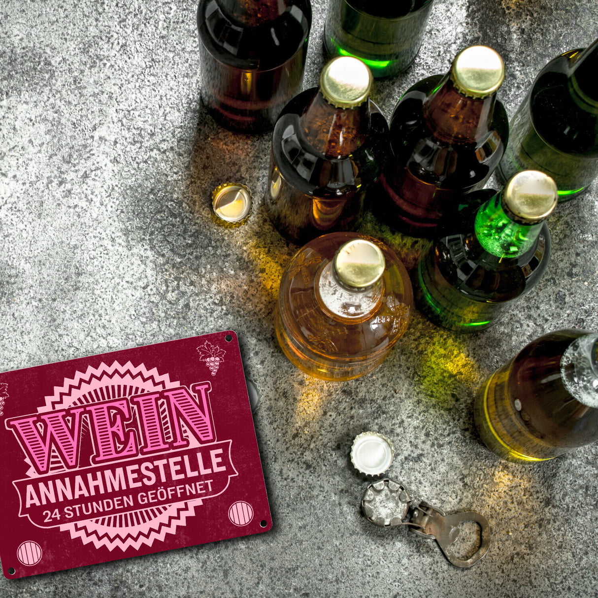 Metallschild Wein Annahmestelle mit Weinmotiv und Spruch für Frauen