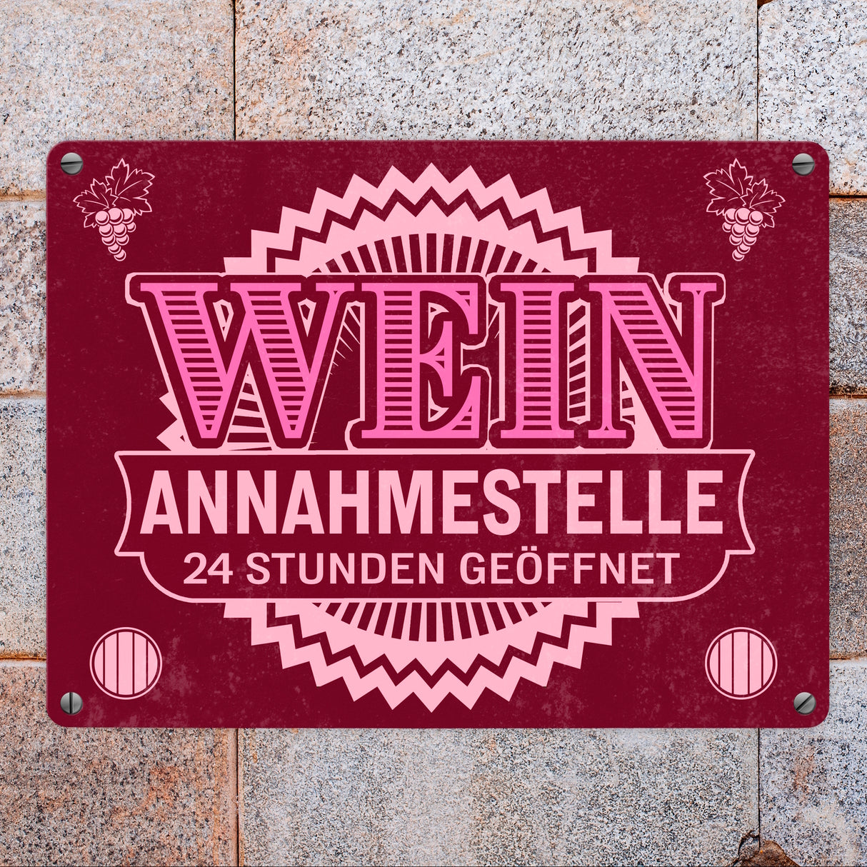 Metallschild Wein Annahmestelle mit Weinmotiv und Spruch für Frauen