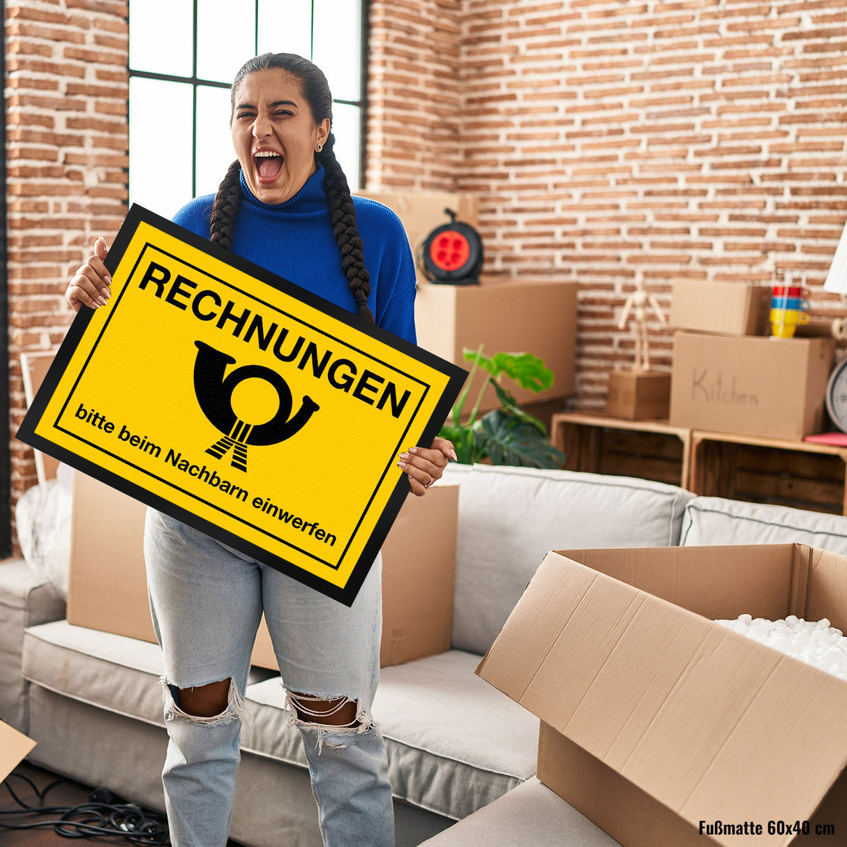 Fußmatte Rechnungen bitte beim Nachbarn einwerfen Post Briefträger mit Posthorn
