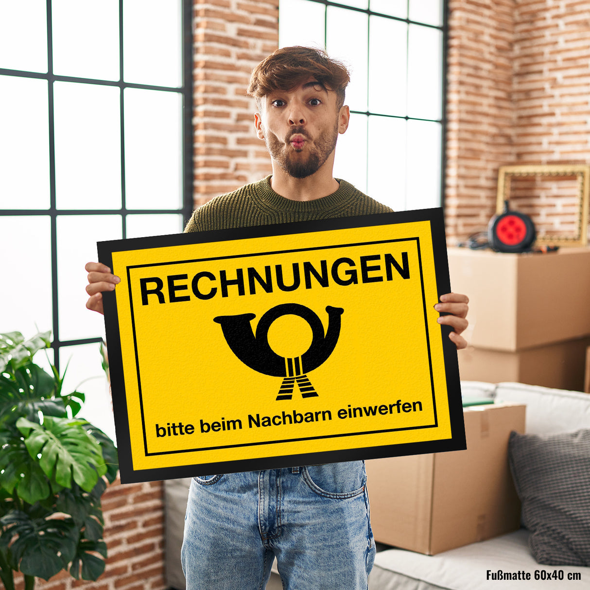 Fußmatte Rechnungen bitte beim Nachbarn einwerfen Post Briefträger mit Posthorn