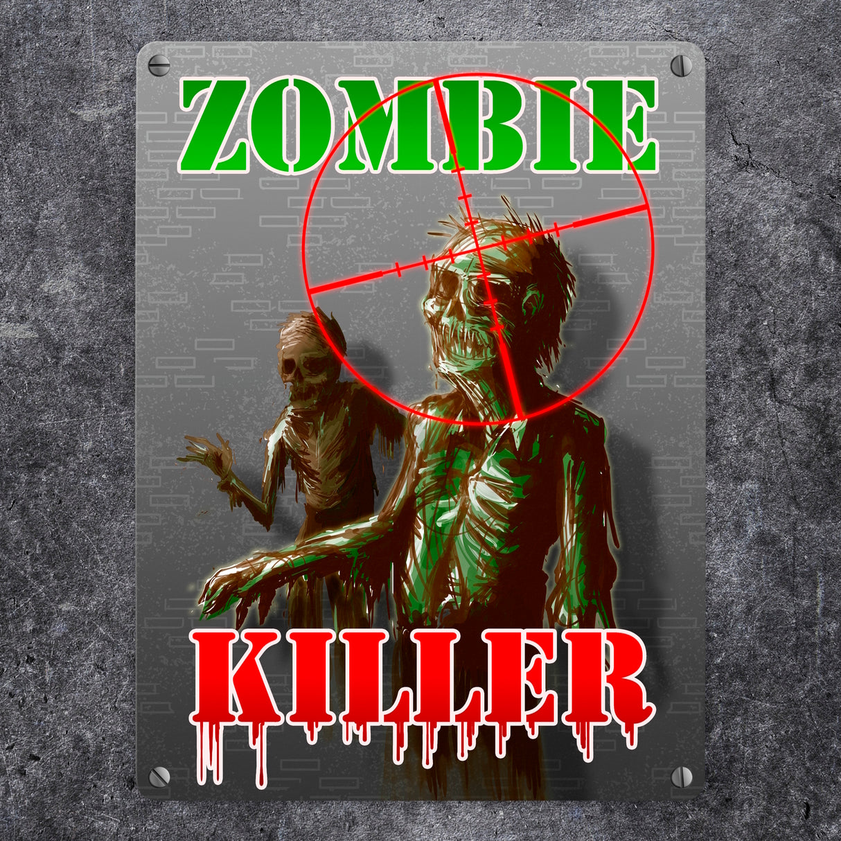 Metallschild Zombie Killer mit Fadekreuz und zwei Zombies im Comic-Design