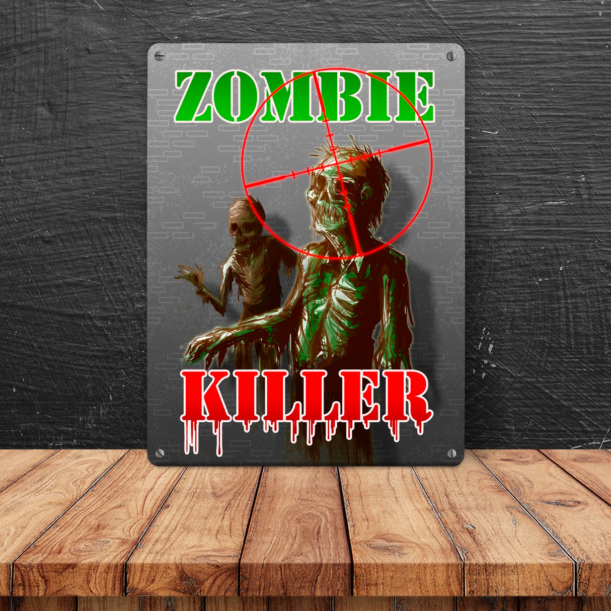 Metallschild Zombie Killer mit Fadekreuz und zwei Zombies im Comic-Design