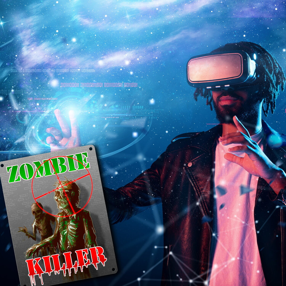 Metallschild Zombie Killer mit Fadekreuz und zwei Zombies im Comic-Design