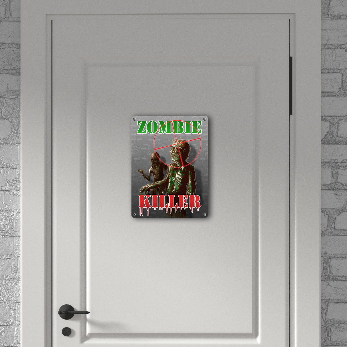 Metallschild Zombie Killer mit Fadekreuz und zwei Zombies im Comic-Design