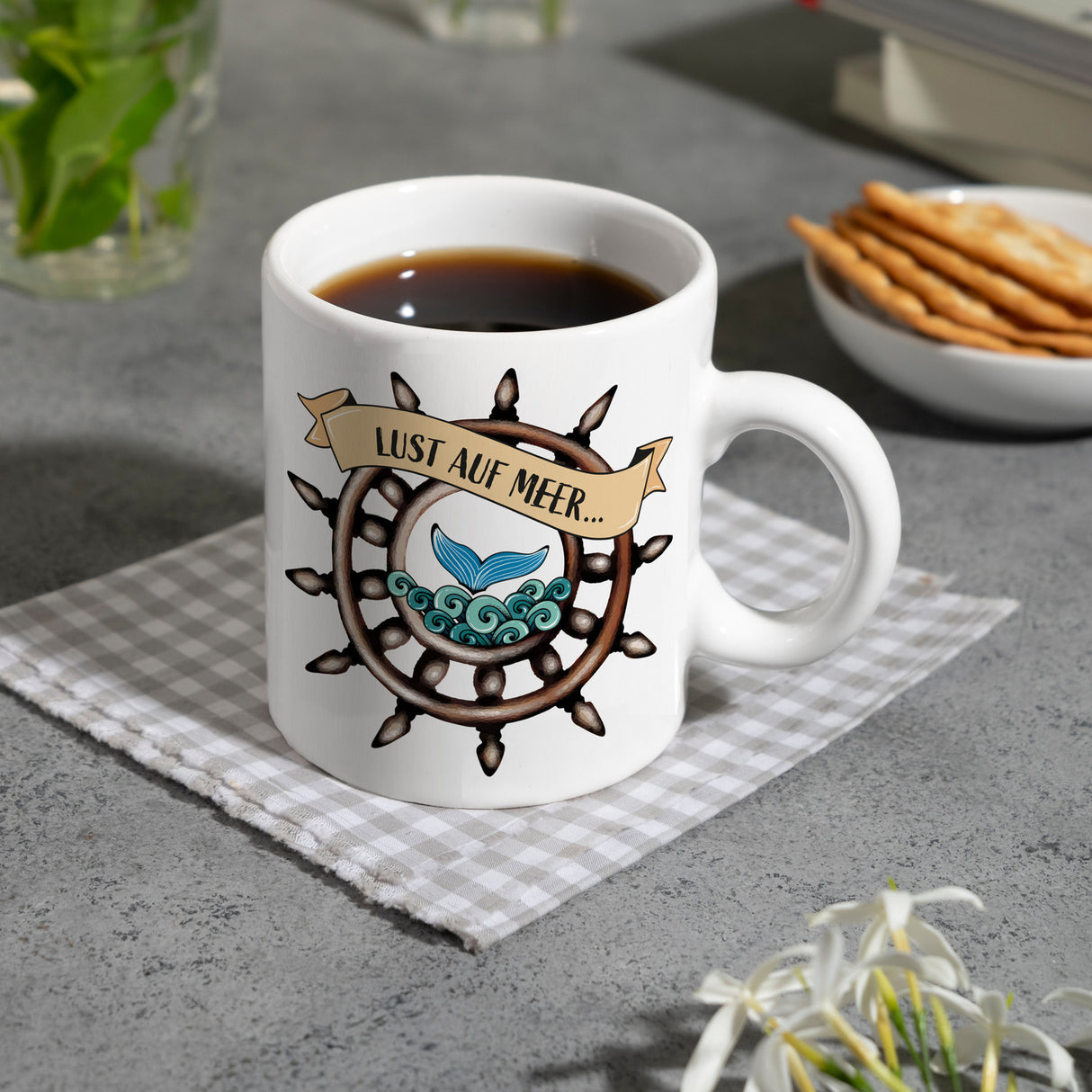 Kaffeebecher Lust auf Meer mit maritimen Motiv Flosse Steuerrad Meer Wellen