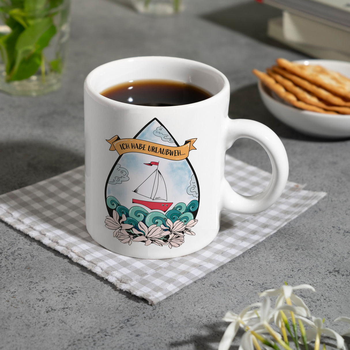 Kaffeebecher Urlaubweh mit maritimen Motiven Fernweh Nordsee Schifffahrt