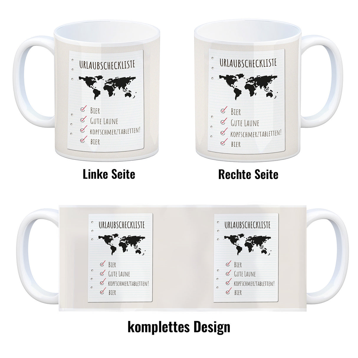 Kaffeebecher Urlaubscheckliste für Partyurlaub mit Weltkarte
