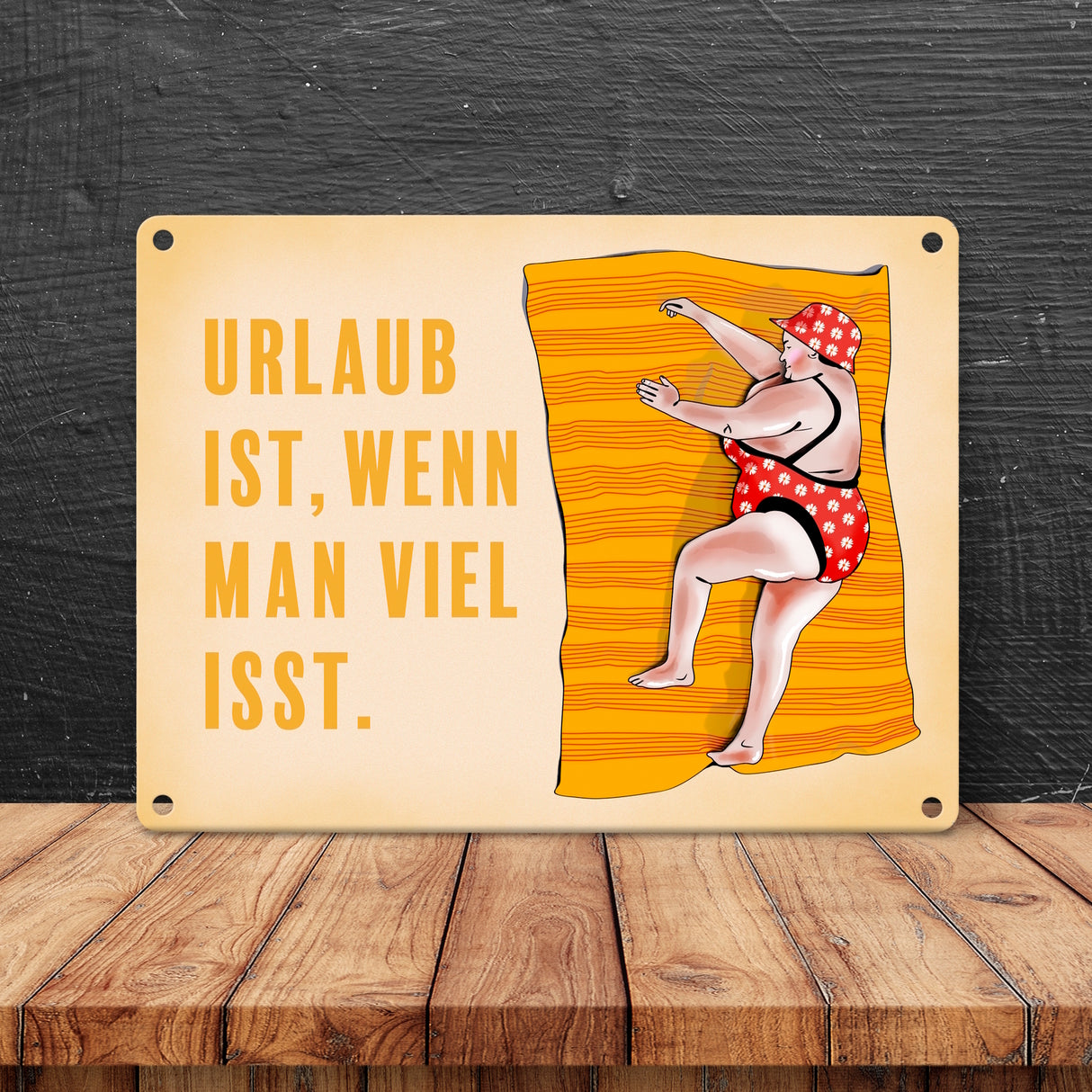 Metallschild Urlaub ist, wenn man viel isst mit Strandmotiv und Spruch zum Thema Essen
