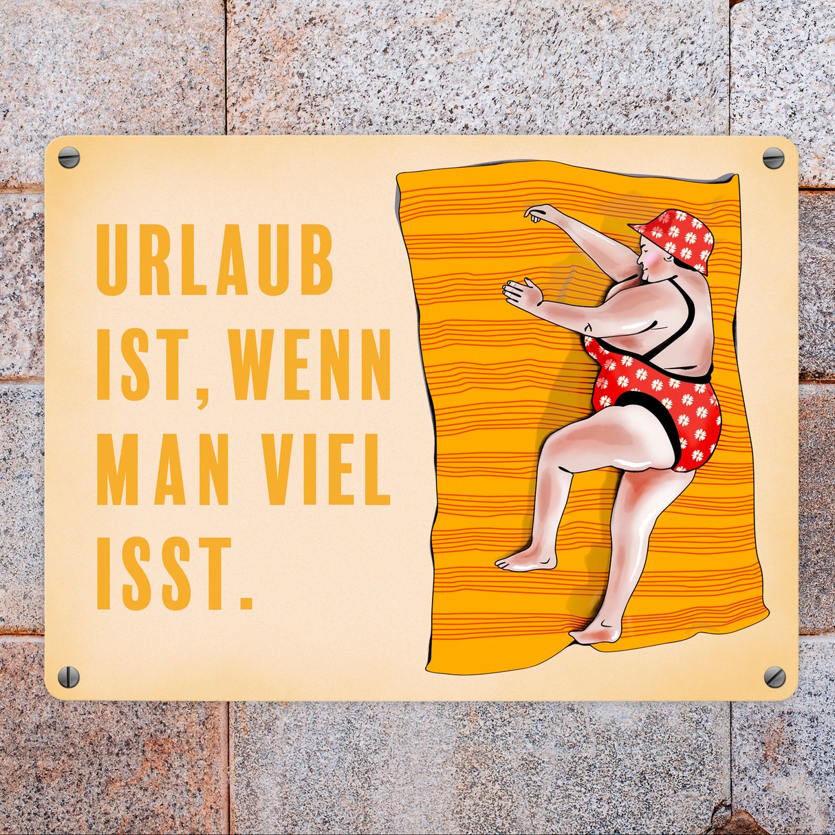 Metallschild Urlaub ist, wenn man viel isst mit Strandmotiv und Spruch zum Thema Essen