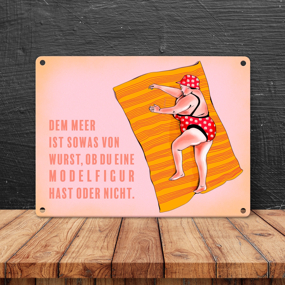 Metallschild mit lustigem Spruch zum Thema Modelfigur und Comic-Dame im Badeanzug