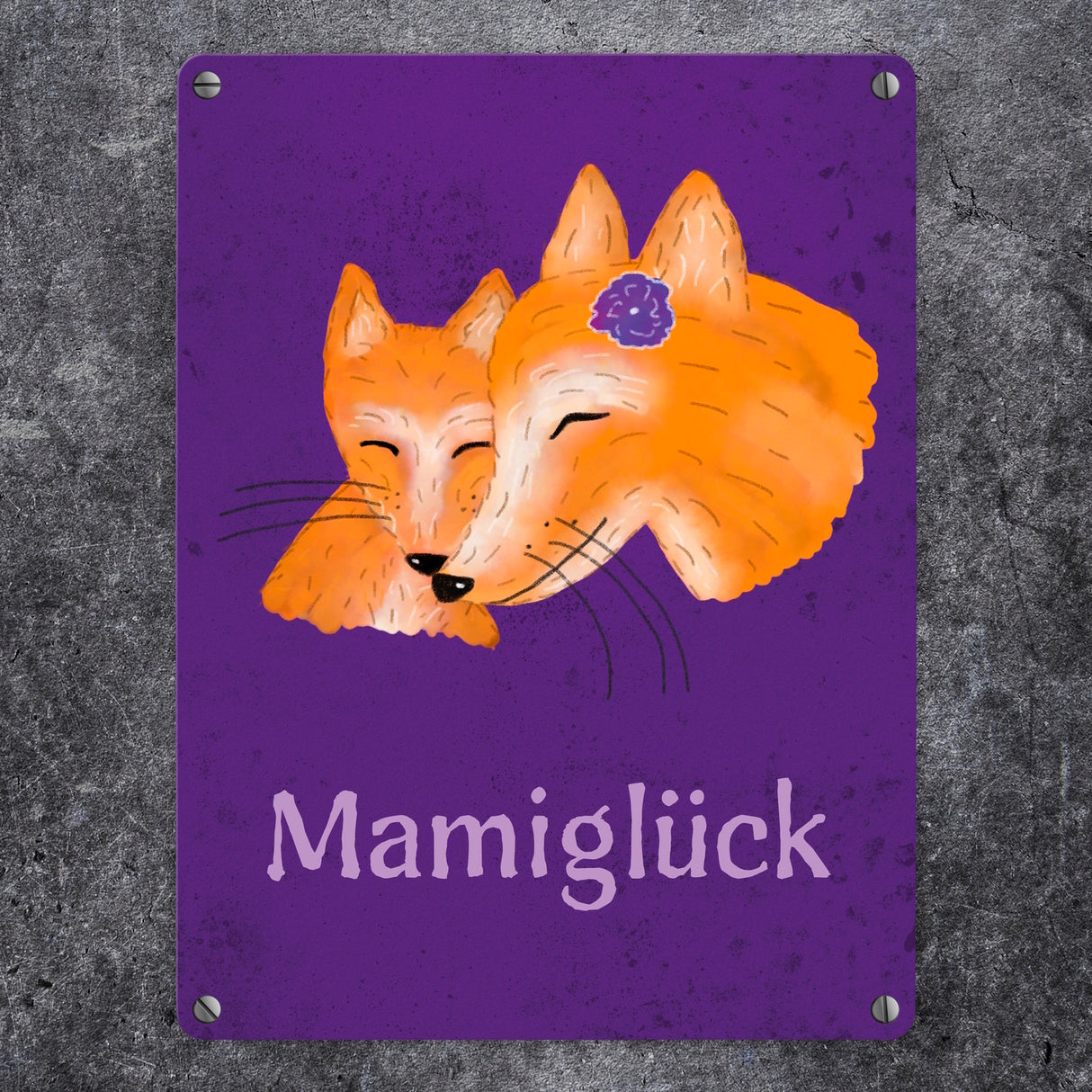 Füchse Mamiglück Metallschild mit Junge in Lila mit lilaner Schrift
