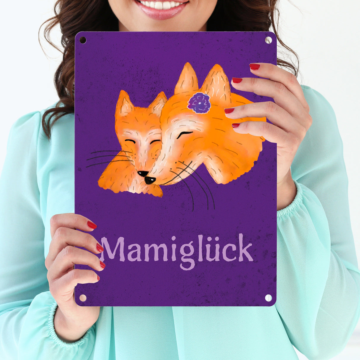 Füchse Mamiglück Metallschild mit Junge in Lila mit lilaner Schrift