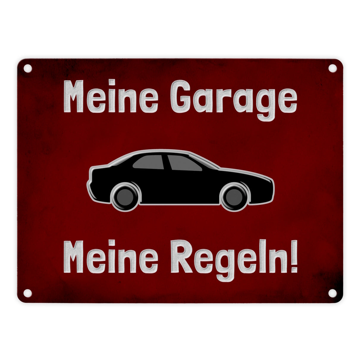 Meine Garage Meine Regeln! Metallschild in 15x20 cm mit Auto und rotem Hintergrund