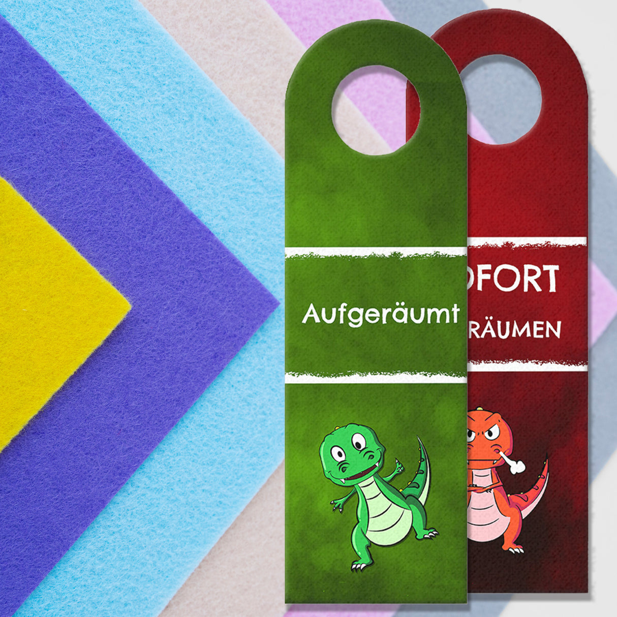 Sofort aufräumen oder aufgeräumt Türhänger mit T-Rex Dino und grün