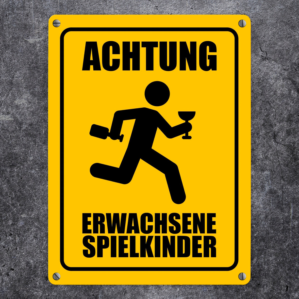 Metallschild mit Warnmännchen - Achtung erwachsene Spielkinder