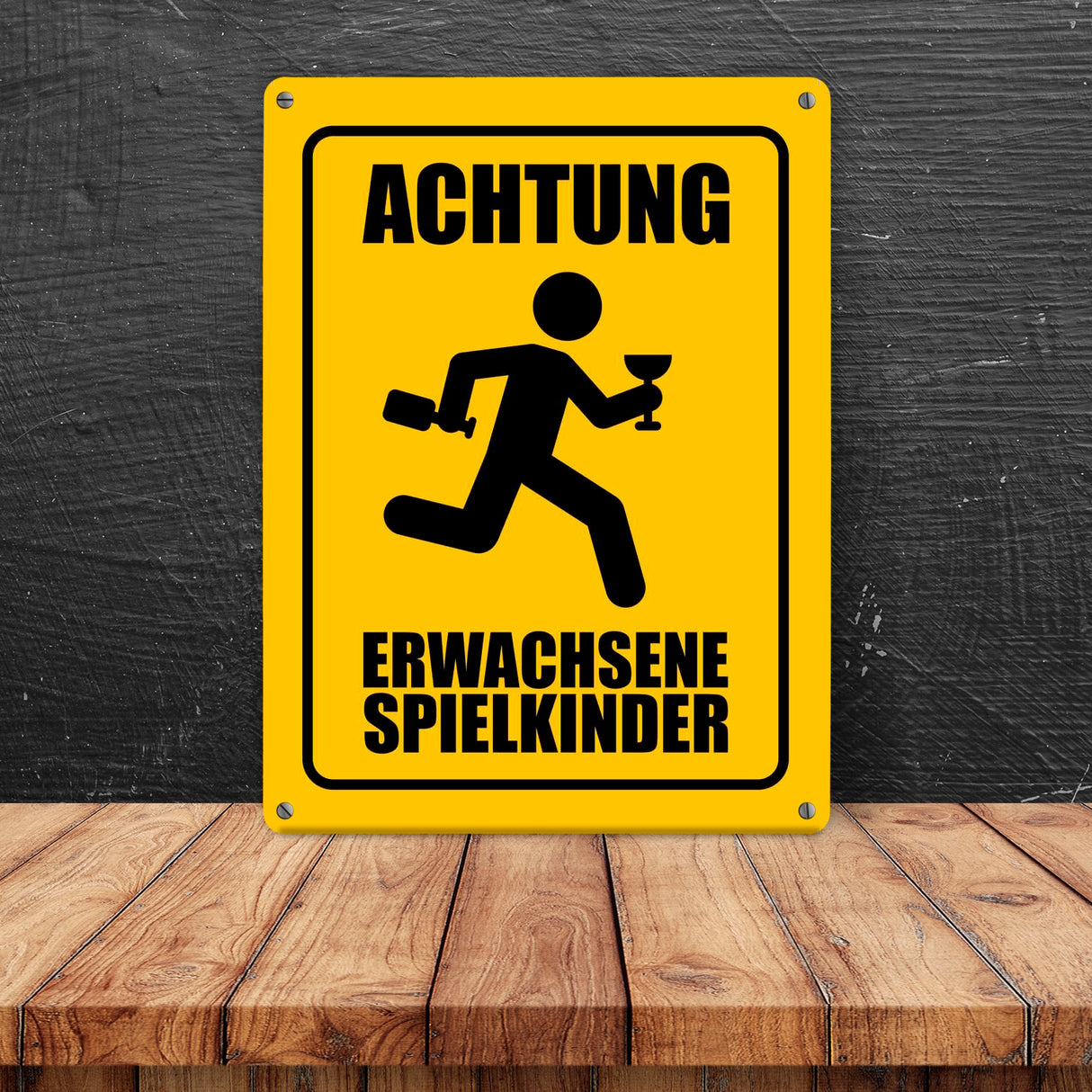 Metallschild mit Warnmännchen - Achtung erwachsene Spielkinder
