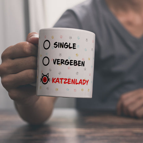 Kaffeebecher mit Motiv - Katzenlady Single Vergeben zum Ankreuzen