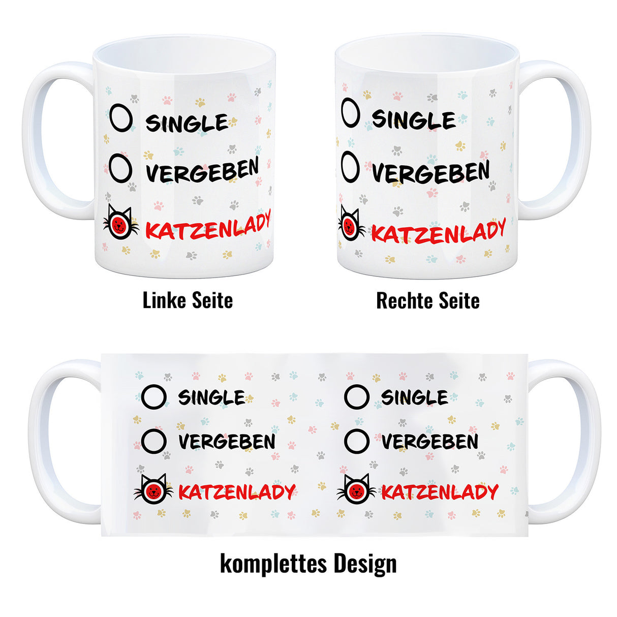 Kaffeebecher mit Motiv - Katzenlady Single Vergeben zum Ankreuzen