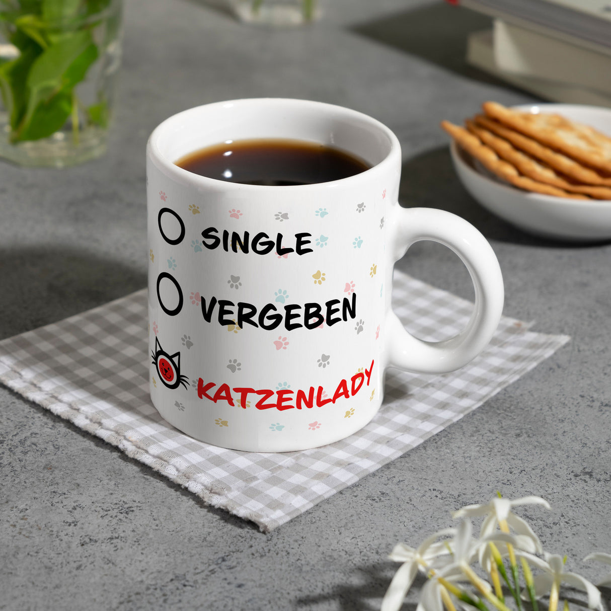 Kaffeebecher mit Motiv - Katzenlady Single Vergeben zum Ankreuzen