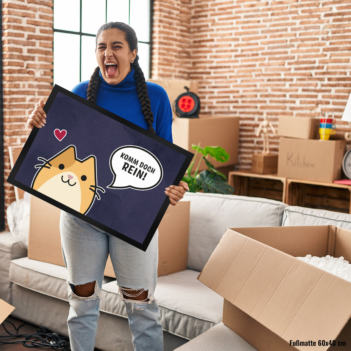 Fußmatte mit Motiv - Komm doch rein mit süßer Katze im Comic Design