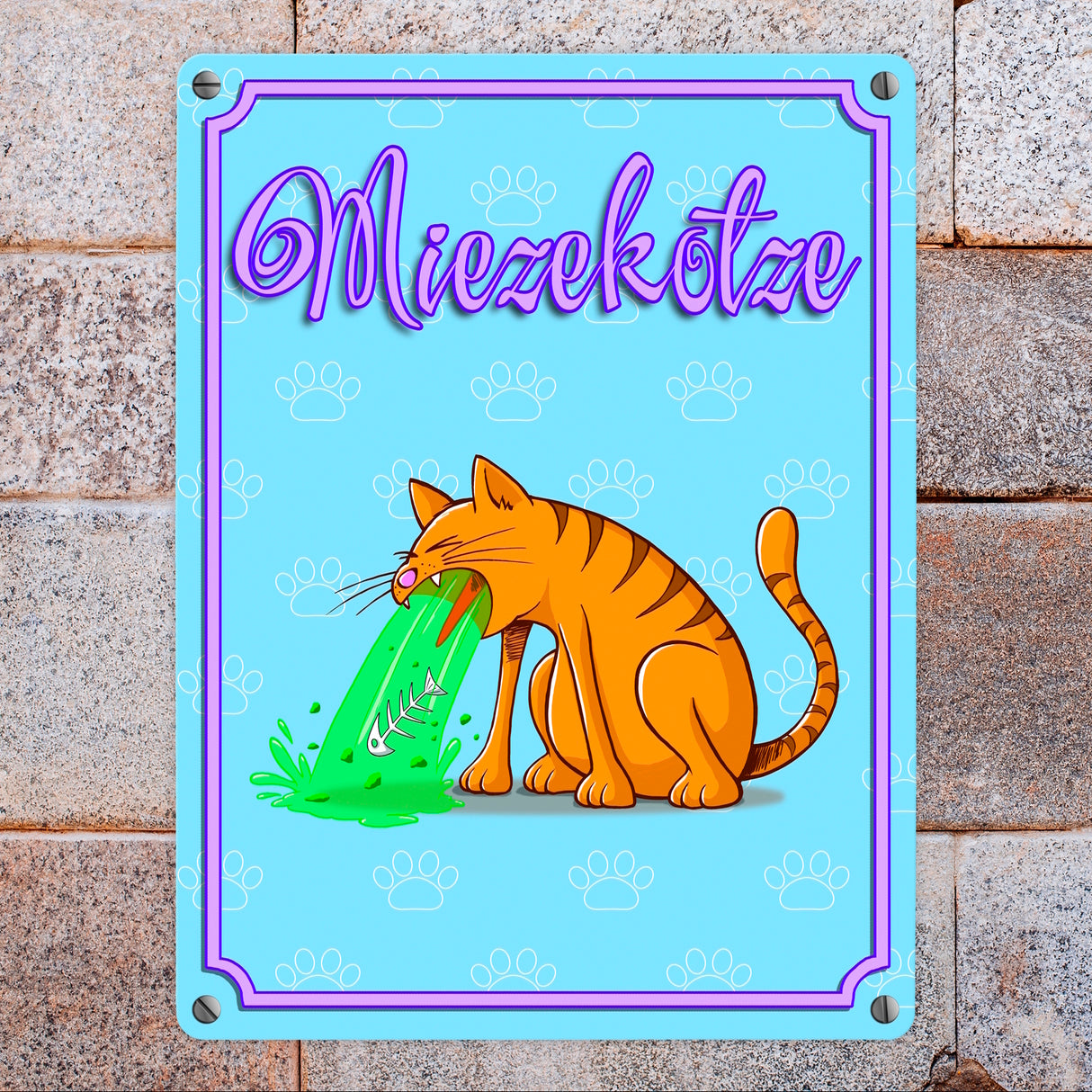 Metallschild mit Katzen Motiv - Miezekotze erbrechende Katze