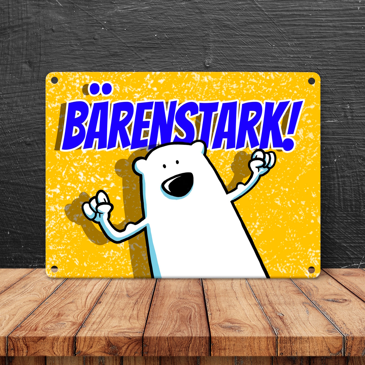Metallschild mit Bärenmotiv: Bärenstark Schild mit lustigem Comic Bär