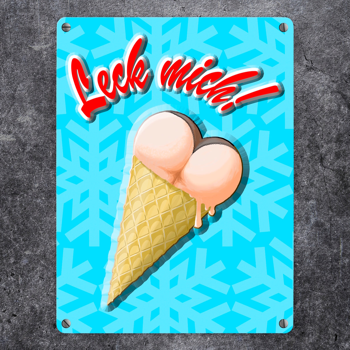 Metallschild mit Eis Motiv - Leck mich! Eiskugeln in Form von Hintern