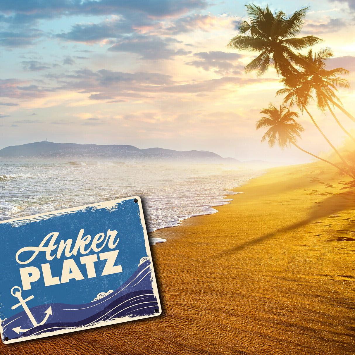 Metallschild mit Meer Motiv und Anker - Ankerplatz mit Wellen an der Nordsee