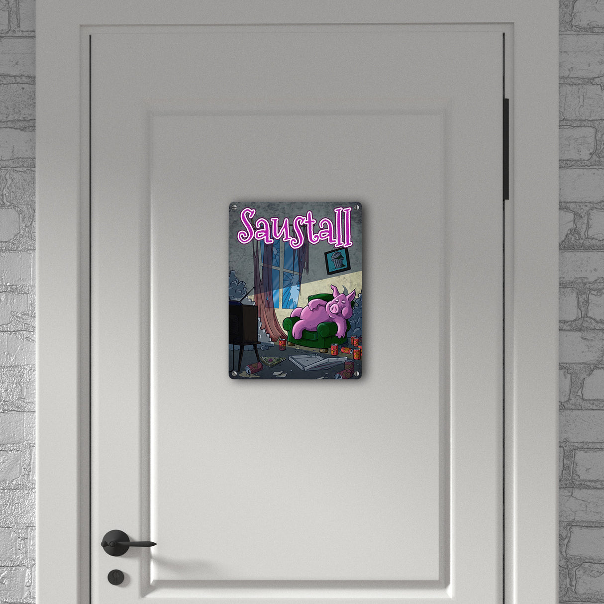 Metallschild mit Motiv - Saustall und Motiv: dickes Schwein liegt auf Couch