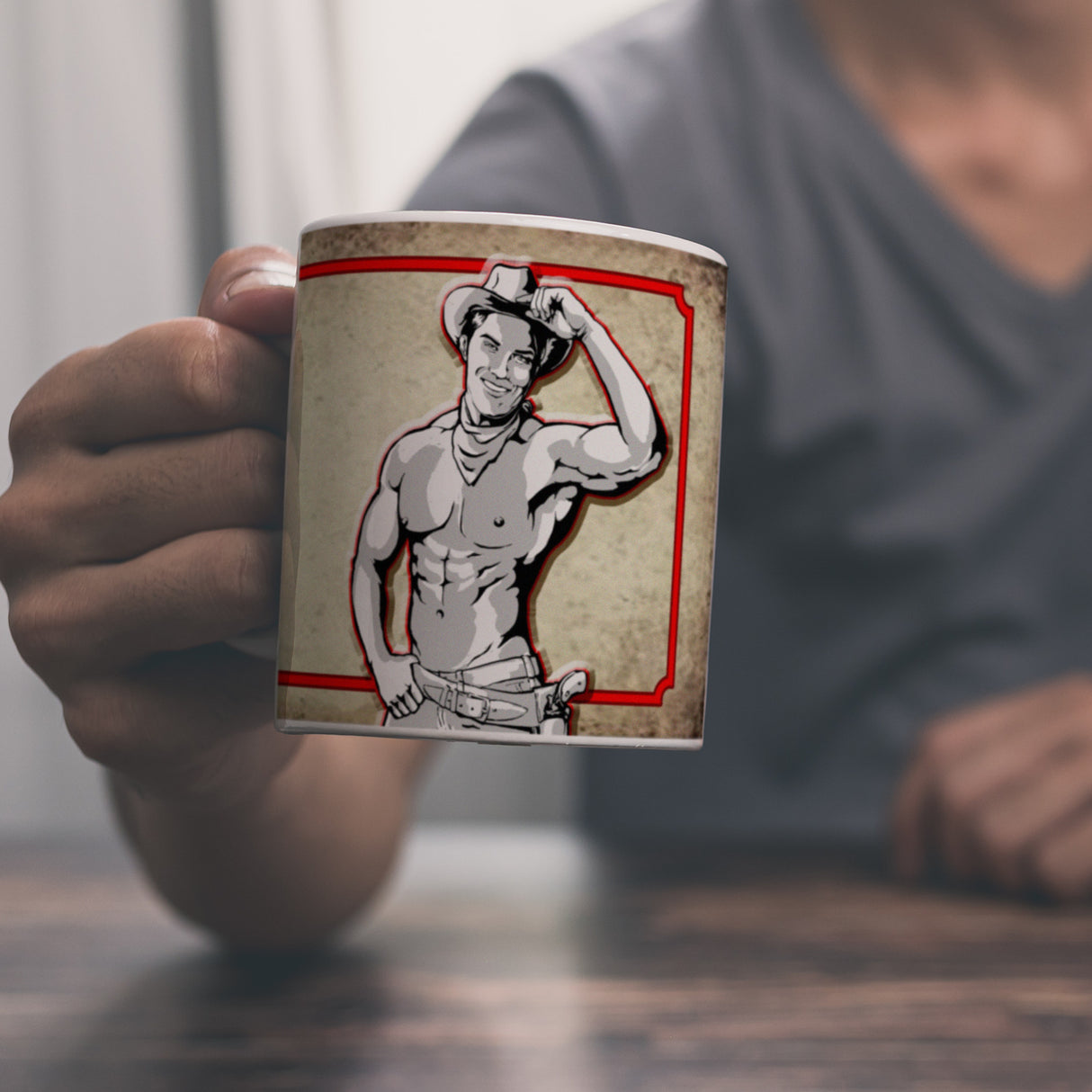 Kaffeebecher mit sexy Cowboy und Spruch - Ich will 'nen Cowboy als Mann