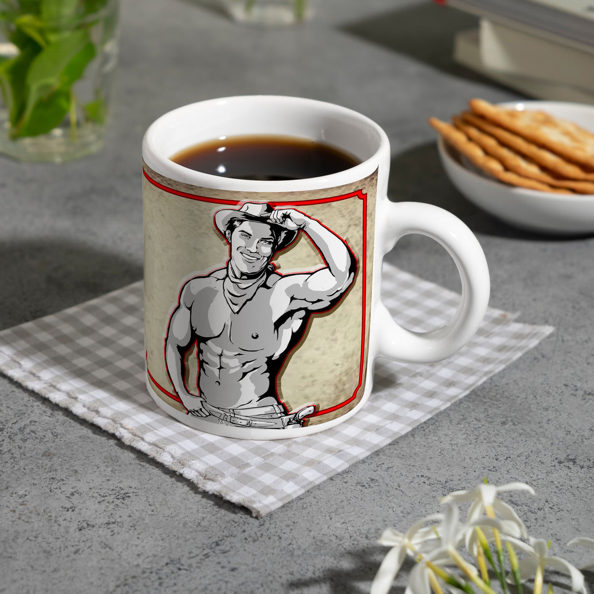Kaffeebecher mit sexy Cowboy und Spruch - Ich will 'nen Cowboy als Mann