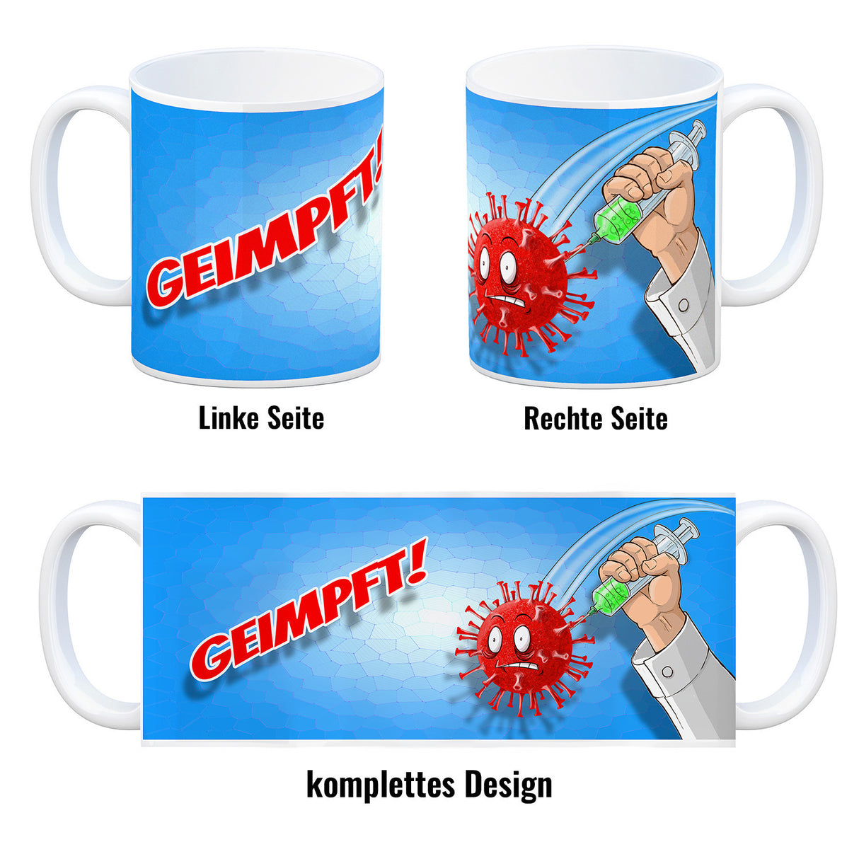 Kaffeebecher mit Virus und Spritzen Motiv - Geimpft! Lustiger Impfhumor