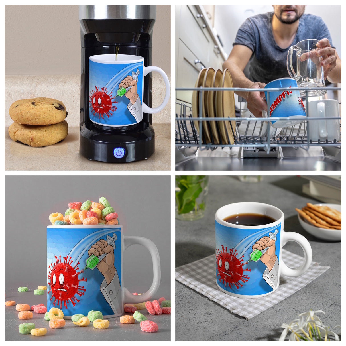 Kaffeebecher mit Virus und Spritzen Motiv - Geimpft! Lustiger Impfhumor