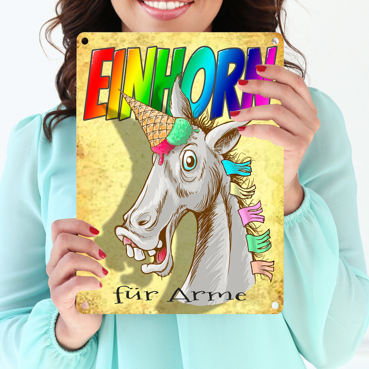 Metallschild mit Regenbogen Einhorn Motiv und Spruch - Einhorn für Arme